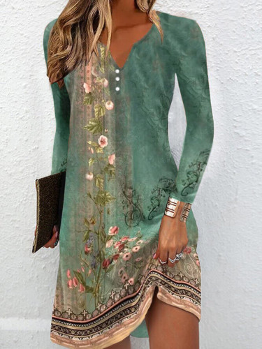 Print Long Sleeve V Neck Button Casual Dress