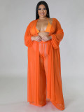 Sexy See-Through Long Sleeve Robe Dress Plus Size Two-Piece Pants Set(without Bra Pantie)