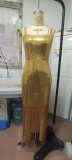 Golden Sequin Sleeveless Straps Tassel Slim Evening Dress