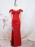 Red Off Shoulder Bridesmaid Chic Slit Evening Dresses