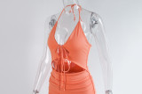 Sexy Orange V-neck Halter Sleeveless Cutout Ruched Tie Bodycon Dress
