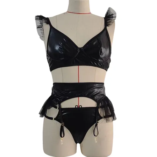 Erotic Lingerie Sexy Black PU Leather Lace Patchwork 3PCS Lingerie Set