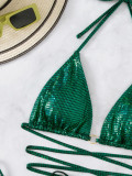 Green Shiny Sexy Strappy Bikini Set Swimsuit