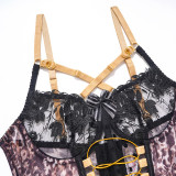 Embroidered Patchwork Leopard Mesh Color Contrast Sexy Underwear Lingerie Set