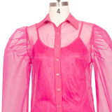 Hot Pink Organza Puff Sleeve Shirt Cami Basic Dress Two-Piece Set