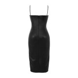 Sexy Black Ruched Camisole PU Leather Bodycon Dress