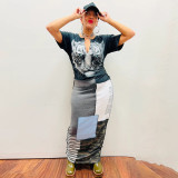 Printed Splicing Short Sleeve Casual Maxi Dress