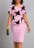 Floral Print Bodice Short Sleeve Round Neck Office Dress