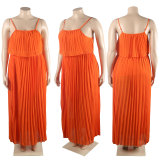Sexy Plus Size Pleated Skirt Set Orange Cami Top and Long Skirt