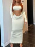 Solid Sexy Square Neck Long Sleeve Crop Top Long Skirt 2PCS Set