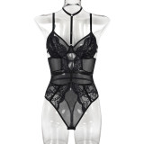 Solid Lace Mesh Sexy Halter Neck Slim Bodysuit Teddies Lingerie