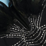 Sexy Feather Trim Rhinestone See Through Deep-V Strapless Jumpsuit