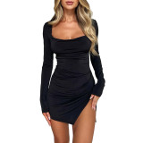 Sexy Open Back Tie Slit Long Sleeve Ruched Mini Dress