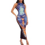 Fashion Printed Cutout Round Neck Maxi Bodycon Dress