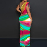 Sexy Colorful Print Slash Shoulder Cutout Ruffle Slit Maxi Dress