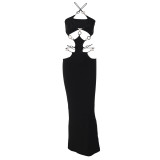Sexy O-Ring Halter Neck Black Cutout Slit Maxi Dress