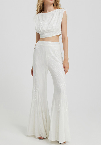 White Sequin Cropped Tank Top and Bell Bottom Pants 2PCS Set