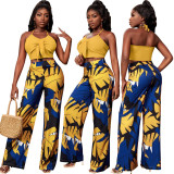 Sexy Solid Halter Crop Top and Print Wide Leg Pants Two Piece Set