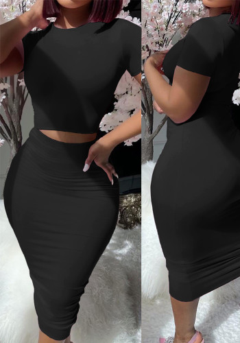 Black Two Piece Set Short Sleeve Crop Top Tight Midi Skirt