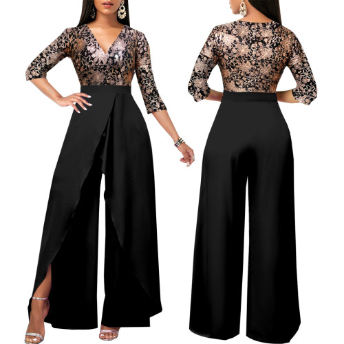 Sexy Print Patchwork V-Neck Slit Wide Leg Jumpsuit