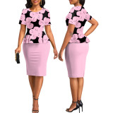 Floral Print Bodice Short Sleeve Round Neck Office Dress