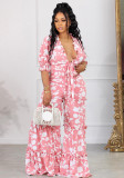 Sexy Printed Ruffle V-Neck Shirred Tie Front Top High Waist Wide Leg  Pants Plus Size 2PCS Set
