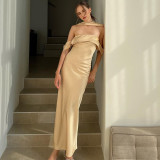 Solid Sexy Off Shoulder Satin Low Back Maxi Dress