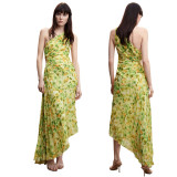 Print Slash Shoulder Floral Irregular Pleated Maxi Dress