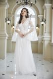 White Sexy Long Slit Sleeve V-Neck Lace Mesh Bridal Wedding Dress