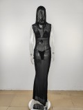 Sexy See-Through Hooded Mesh Tight Fit Maxi Dress with Bikini Set