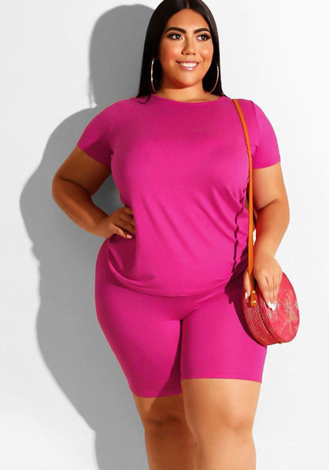 Plus Size Solid Short Sleeve Tee and Shorts Casual Two Piece Set