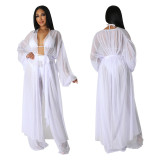 See-Through Two Pieces Solid Bat Sleeves Long Cardigan Pants Set