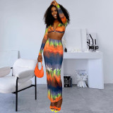 Fashion Two-Piece Set Gradient Print Sexy V-Neck Long Sleeve Top Bodycon Skirt