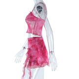 Print Pink Mesh Cami Top and Slit Skirt 2-Piece Set