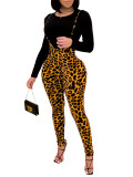 Leopard Print Suspender Two Piece Pants Set with Black Long Sleeve Top