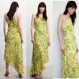 Print Slash Shoulder Floral Irregular Pleated Maxi Dress