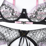 Sexy Embroidered Underwear Contrast 3PCS Rhinestone Lingerie Set