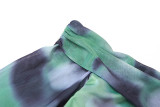 Print Green Long Sleeve off shoulder Crop Top Bodycon Long Skirt 2PCS Set