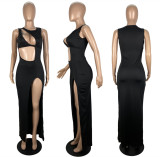 Sexy Solid Asymmetrical Cutout Slit Maxi Dress