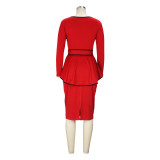 Sexy Red Career Skirt Set Contrast Ruffle Long Sleeve Top Back Slit Skirt Two Pieces