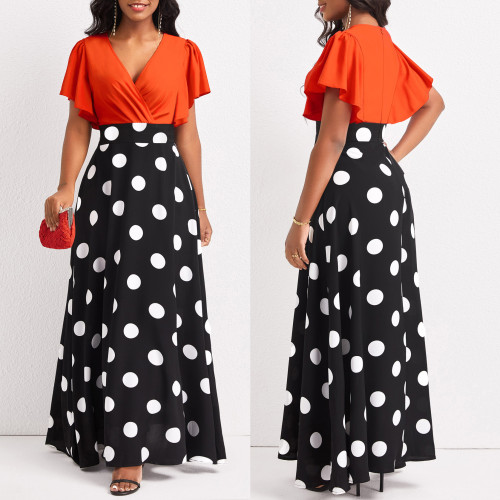 Laides Elegant Maxi Dress Polka Dot Print Patchwork V Neck Sexy Long Dress