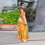 Floral Print Yellow Strapless Loose Wide Leg Jumpsuit