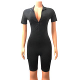 Sexy Tight Short Sleeve Zipper Rompers with Pockets
