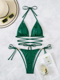 Green Shiny Sexy Strappy Bikini Set Swimsuit