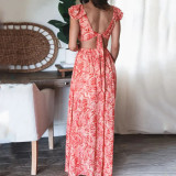Summer Fashion Print Deep-V Cut Out Low Back Ruffles Maxi Dress