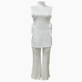 White Loose Tie Sides Long Slit Sleeveless Top + Flare Pants Set