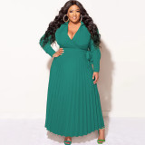 Plus Size V-Neck Tie Waist Solid Long Sleeve Pleated Skirt