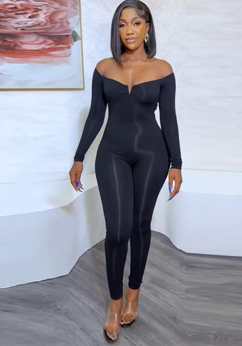 Sexy Black V-Neck Off Shoulder Tight Fit Long Sleeve Jumpsuit