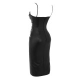 Sexy Black Ruched Camisole PU Leather Bodycon Dress