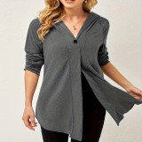 Gray V-Neck Long Sleeve Plus Size Hooded Top